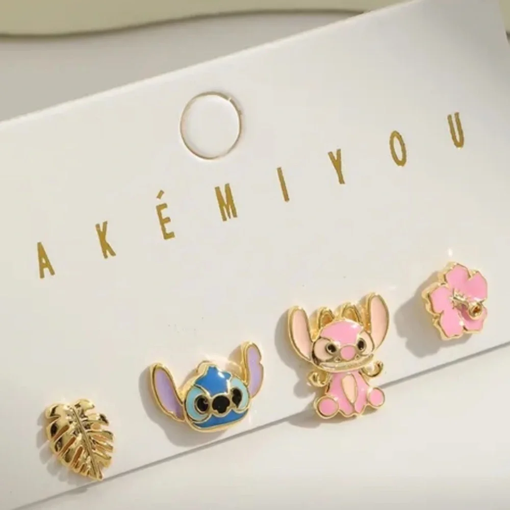 14K Gold Disney Stitch & Angel & Crump Stud Mismatched Asymmetrical Earrings Set